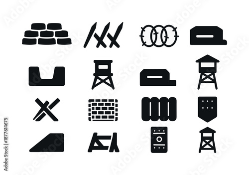 Fortification Icons Set. Sapper. Solid icon set of fortification elements: sandbag wall, wooden stakes, barbed wire coil, trench section, observation post,