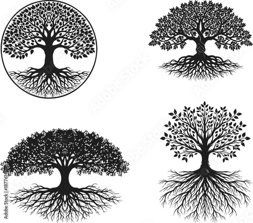 Symbolic Tree of Life Silhouettes with Intricate Roots and Branches