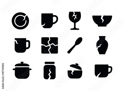 Broken Object Icons. Broken objects. Solid icon set of broken objects: cracked plate, chipped mug, shattered glass, split bowl, broken handle, fractured tile,