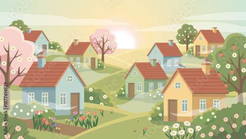 Spring Village Landscape with Colorful Houses, Blooming Trees and Flowers – Flat Style Vector Illustration