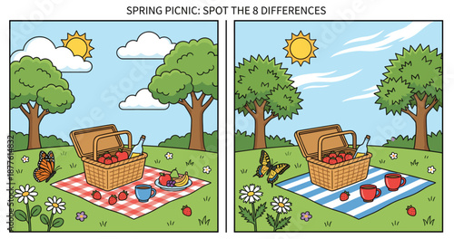 Spring picnic scene with two images showcasing differences  