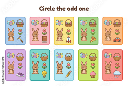 Colorful matching game design with bunnies and various objects  