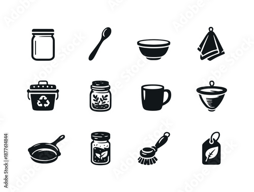 Eco-friendly Kitchen Icons. Eco-friendly kitchen. Solid icon set of Eco-friendly kitchen: glass container, wooden spoon, metal bowl, cloth towel, compost