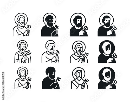 Saint Peter Icons. saint peter. Icon set. Set Logo of Saint Peter: saint holding keys. harmonious logo variations of the same emblematic concept, each with