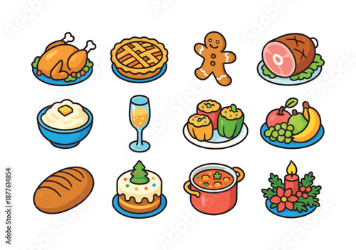 Festive Feast Icons. Holiday feasts. Colorful isometric vector icons set of holiday feasts: roast turkey, festive pie, gingerbread cookie, holiday ham, mashed