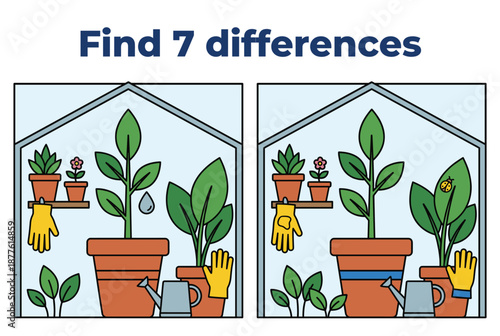 Cartoon illustration of greenhouse with plants and gardening tools  