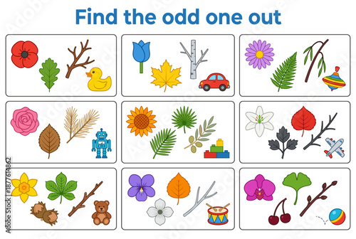 Colorful children’s activity page featuring objects to find the odd one out  