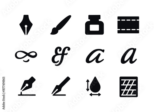 Calligraphy Icon Set. Calligraphy structure. Solid icon set of calligraphy structure: pen nib, brush stroke, ink bottle, guide lines, flourish, ligature