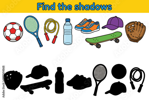 Sports items and their shadows for kids' activity game