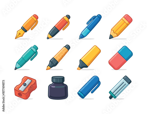 Colorful Writing Tools. Writing tools. Colorful flat vector icons set of writing tools: fountain pen, ballpoint pen, gel pen, pencil, mechanical pencil, brush