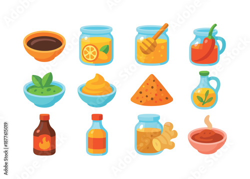 BBQ Marinade Icons. BBQ marinades. Colorful flat vector icons set of BBQ marinades: soy-based marinade, citrus marinade, honey glaze, spicy chili marinade,