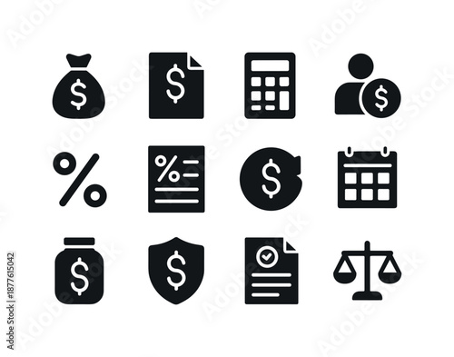 Finance Icon Set. Finance and lending. Solid icon set of finance and lending: money bag, loan file, calculator, debt icon, interest percentage, budget sheet,