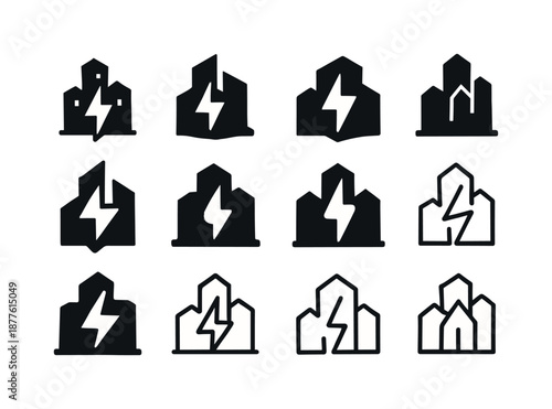 Smart City Icons. smart city developments. Icon set. Set Logo of smart city developments: smart energy grid icon. harmonious logo variations of the same