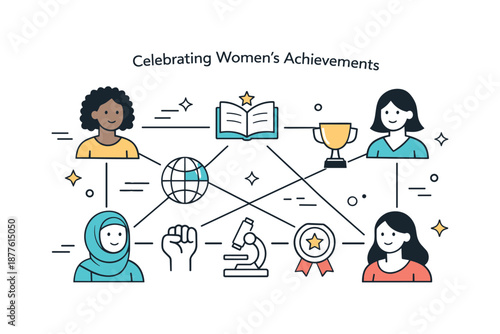 Women's Shared Success. Celebrating Women?s Achievements. Several women represented as simple figures connected by lines and icons, symbolizing shared history