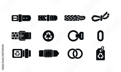 Sustainable Belt Icons. Sustainable belts and straps. Solid icon set of sustainable belts and straps: reclaimed leather belt, cork belt, braided fabric belt,