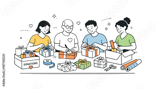 Charity Gift Wrapping. Wrapping gifts for charity together. Group carefully preparing donated presents, calm rhythm and meaningful shared activity. Minimalist