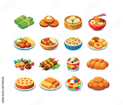Cultural Feast Icons. Cultural Holiday Feasts. Colorful flat vector icons set of Cultural Holiday Feasts: tamales, latkes, dumplings, ramen bowl, falafel