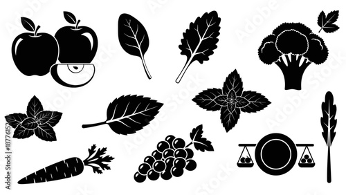 Black and white vector silhouettes of healthy fruits vegetables and leaves_EPS10_Stock.eps