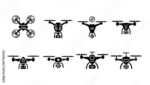 Diverse black glyph icons of drones with cameras_EPS10_Stock.eps