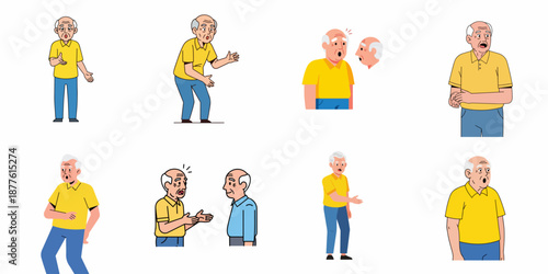 Collection of senior man character poses showing surprise, shock, frustration, and argument, in vector cartoon style isolated on white background.