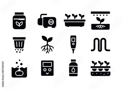 Hydroponics Icons Set. Hydroponics. Solid icon set of hydroponics: nutrient tank, water pump, grow tray, LED grow light, net cup, plant roots, pH meter, tubing