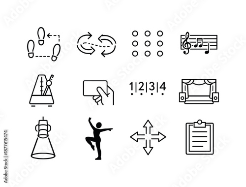 Choreography Icon Set. Choreography. Line icon set of Choreography: dance steps chart, arrow movement diagram, formation grid, music notes sheet, tempo marker,
