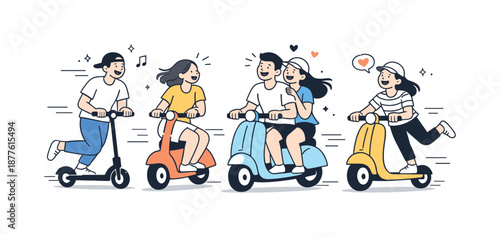 Scooter Adventure Delight. Group riding scooters fun moment. Friends laughing and enjoying the ride, gentle motion lines emphasizing movement. Lighthearted