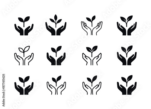 Poverty Alleviation Icons. Poverty alleviation. Icon set. Set Logo of poverty alleviation: seedling growth. harmonious logo variations of the same emblematic