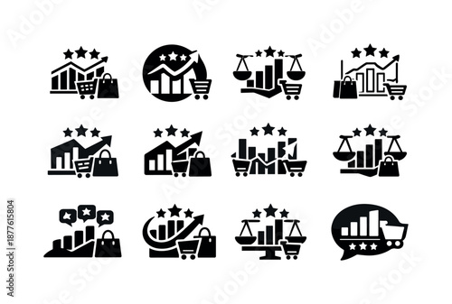 Trade Feedback Logos. Impact of online reviews and customer feedback on trade. Icon set. Set Logo of impact of online reviews and customer feedback on trade: