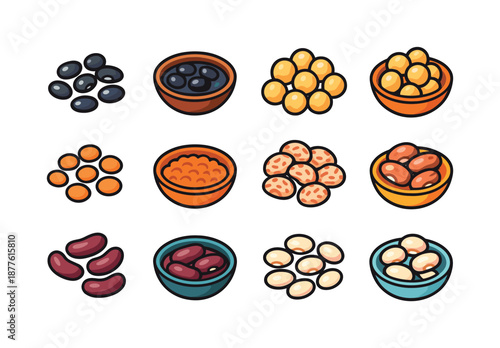 Colorful Bean Icons. Dried & Cooked Beans. Colorful isometric vector icons set of Dried & Cooked Beans: dried black beans, cooked black beans, dried chickpeas,
