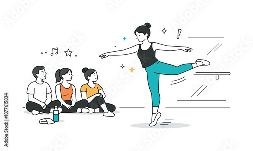 Dance Practice Focus. Dance rehearsal focus. Individual dancer practicing steps while others observe. Concentration and continuous improvement. Minimalist flat