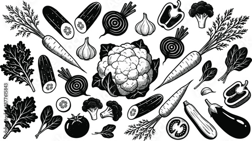 Hand drawn black vegetable illustration collection with carrots cauliflower cucumber tomato broccoli and leafy greens for organic food vector design