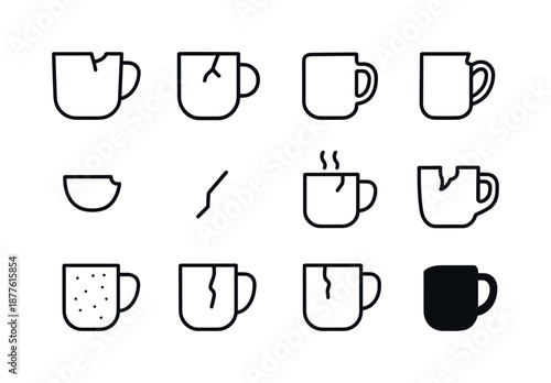 Chipped Mug Icons. Chipped Mug. Line icon set of Chipped Mug: chipped mug front, cracked rim mug, side-view chipped cup, broken handle mug, tiny chip detail,