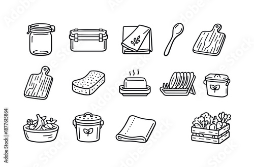 Eco Kitchen Icons. Eco-Friendly Kitchen. Line icon set of Eco-Friendly Kitchen: glass jar, stainless steel container, cloth napkin, wooden spoon, bamboo