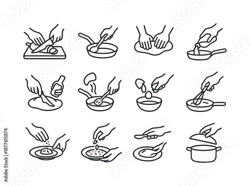 Cooking Icon Set. Cooking actions. Line icon set of Cooking actions: chopping vegetables, stirring pan, kneading dough, pouring liquid, flipping food, cracking