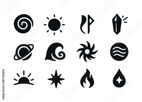 Atlantean Energy Icons. Atlantean myth. Solid icon set of mystical energies: energy vortex, glowing orb, wave rune, crystal beam, harmonic ring, tidal pulse,