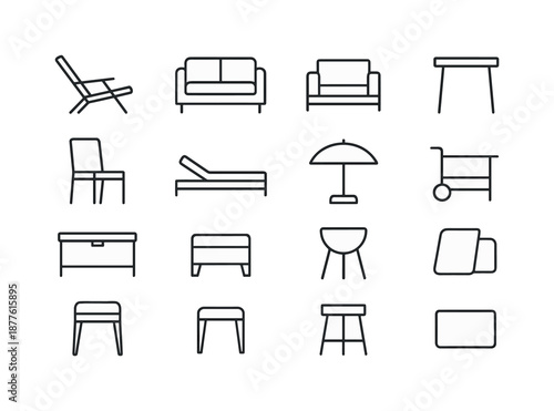 Deck Furniture Icons. Deck Furniture. Line icon set of Deck Furniture: deck chair, outdoor sofa, side table, dining table, dining chair, lounge bed, umbrella