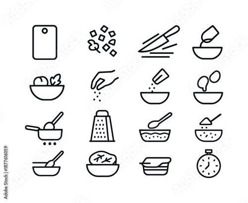 Food Prep Icons. Food preparation. Line icon set of Food preparation: chopping board, diced veggies, knife in motion, bowl with ingredients,