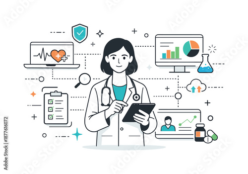 Data-Driven Healthcare Clarity. Data-driven healthcare decisions. Medical professional combining insights from multiple data sources, calm confidence and