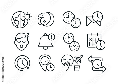 Timezone Icon Set. Timezone Challenges. Line icon set of Timezone Challenges: day-night globe, sun-moon cycle, clock mismatch, delayed reply, sleep schedule