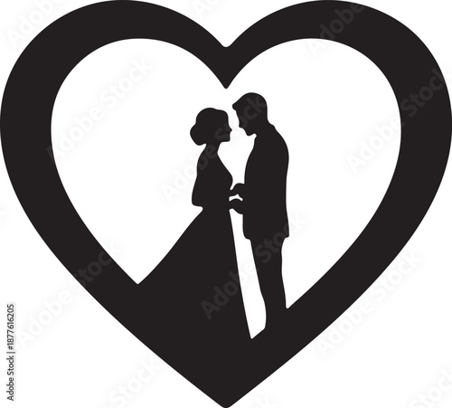 Romantic silhouette of a bride and groom embracing within a heart shape, symbolizing eternal love and unity