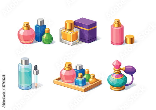 Perfume Icon Collection. Fragrance Collection. Isometric flat vector icons set of Fragrance Collection: perfume bottle trio set, bottle with box, open cap