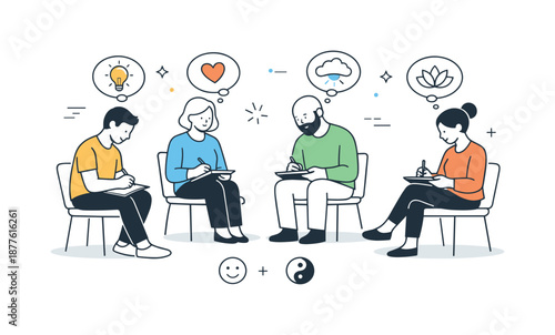 Mindful Group Reflection. Group counseling reflection exercise. Group members writing or reflecting quietly, simple icons showing thoughts and feelings.