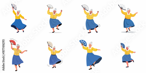 Collection of animated illustrations showing joyful senior women dancing happily with folding fans, promoting active aging and lively retirement.