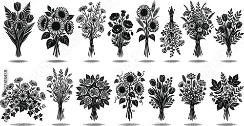 Hand drawn black floral bouquet illustrations collection featuring wildflowers roses leaves and botanical arrangements for elegant vintage vector design projects