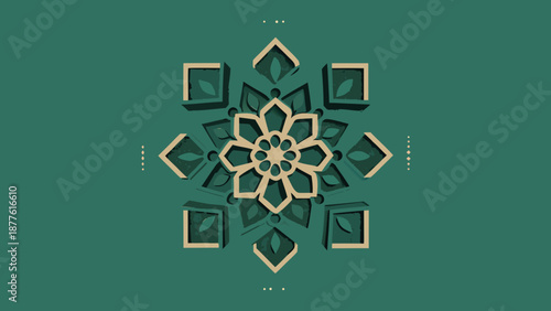 Flat vector illustration of a modern islamic geometric mandala design with gold and green colors on a solid background with pattern and symmetry