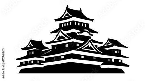 A silhouette of a Japanese castle with multiple tiers, roofs, and windows