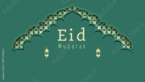 Flat vector illustration of a decorative eid mubarak greeting with intricate arch and lanterns on green background for festive islamic holiday