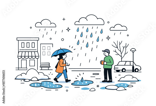 Rain Transforms Snow. Rain replacing snow concept. A city street with melting snow turning into puddles as rain begins to fall. Quiet everyday moment, seasonal