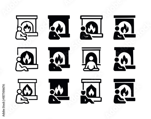 Fireplace Logo Set. People enjoying a warm fire in the fireplace. Icon set. Set Logo of people enjoying a warm fire in the fireplace: fireplace glow and